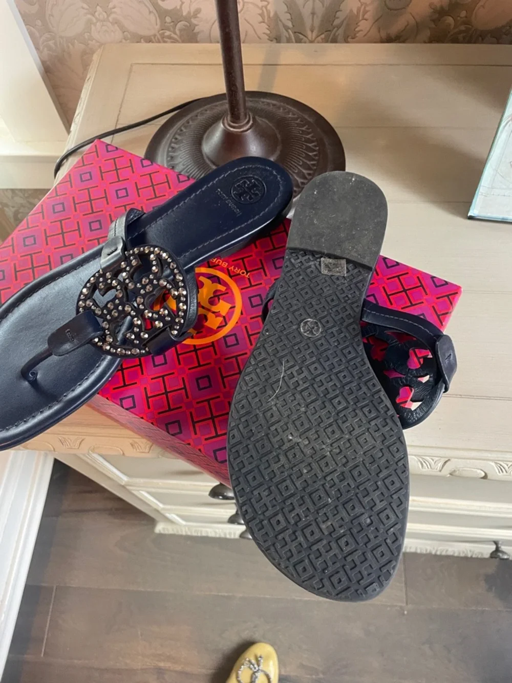 Tory Burch Navy Miller Embellished Leather Sandals Crystals Jeweled 10 Shoes - Picture 5 of 7